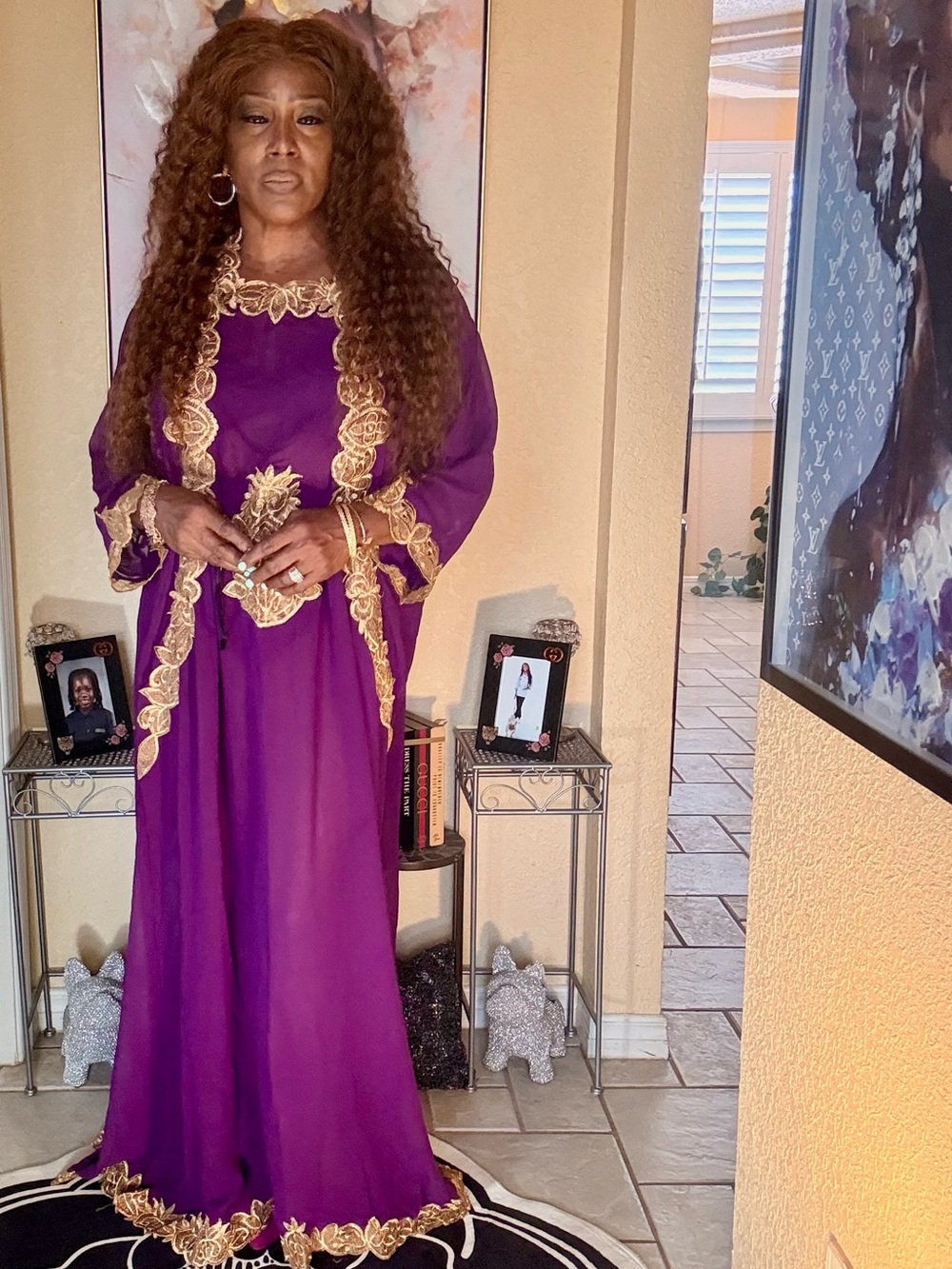 Purple Maxi Kaftan Dress with Gold Embroidered Accents - Picture 4 of 11